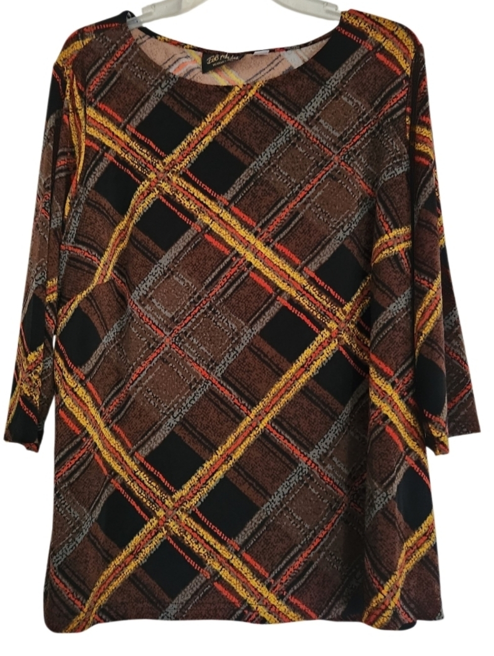 Brown & Black Plaid Top with Gold and Orange Accents Sz 1x Nwt